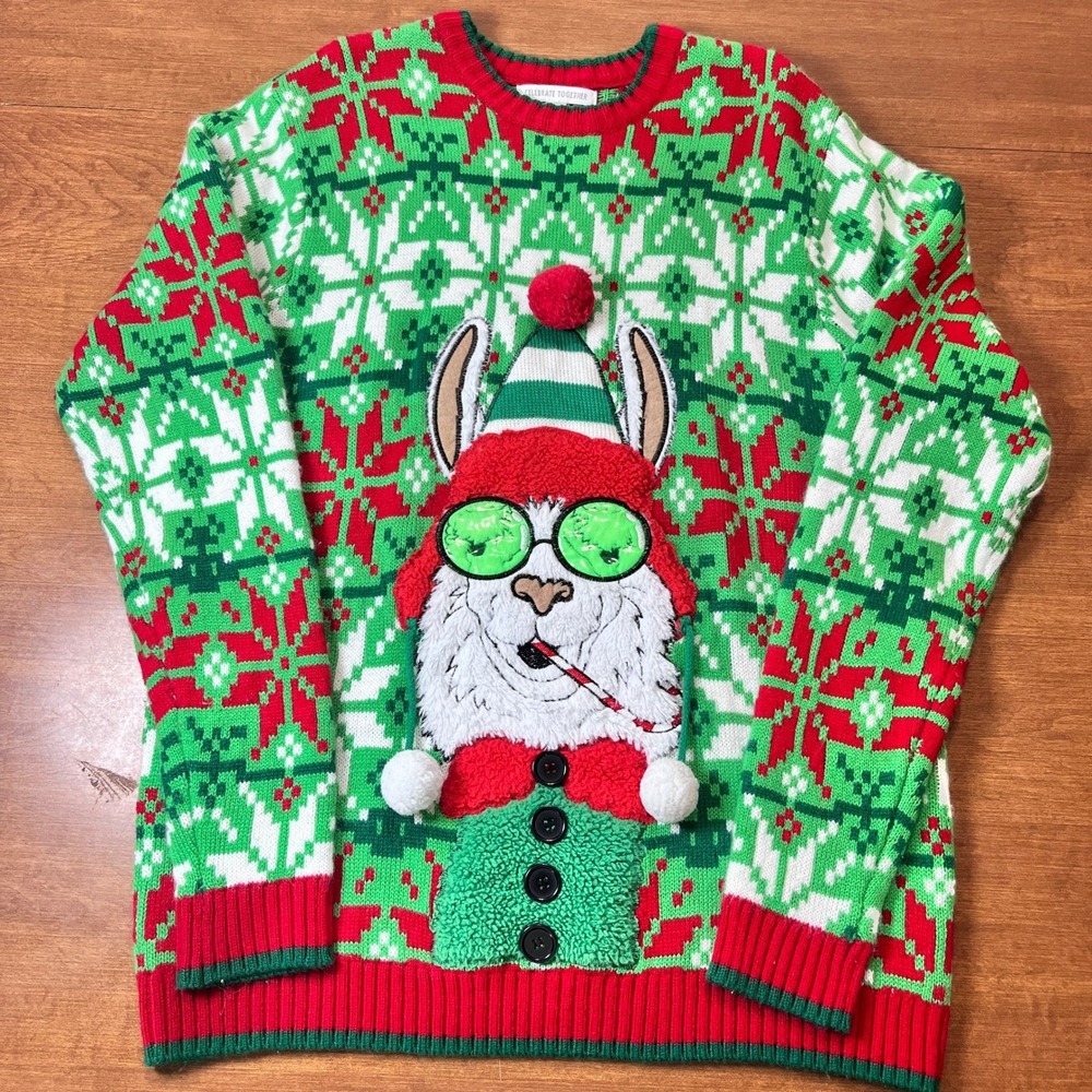 Celebrate Together Ugly Christmas Sweater Llama Graphic Knit Green Red Size Lg